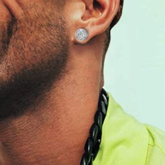 Men’s Iced Out Sterling Silver Stud Earrings - Picture 6 of 8